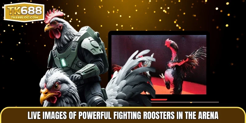 Live images of powerful fighting roosters in the arena